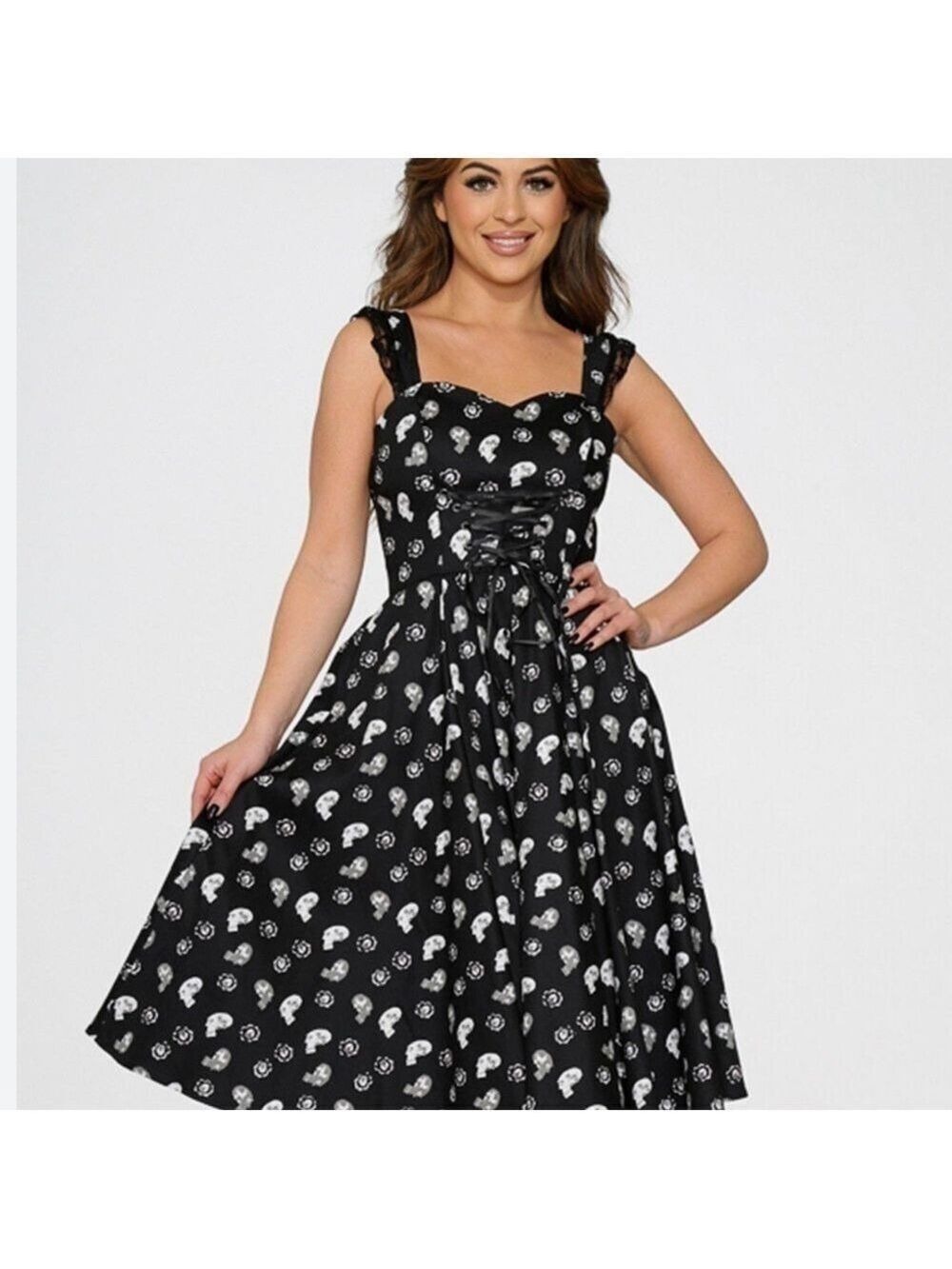 Hot Topic Skull Baby Swing Fit N Flare Punk Corset Lace-Up Roses Retro Dress 6 H
